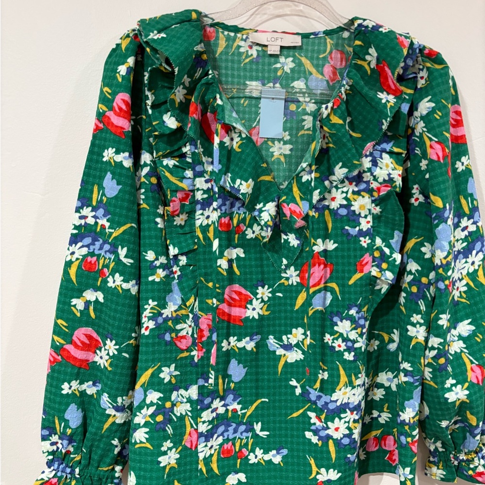 Loft Floral Green Ruffle Blouse - Picture 5 of 8